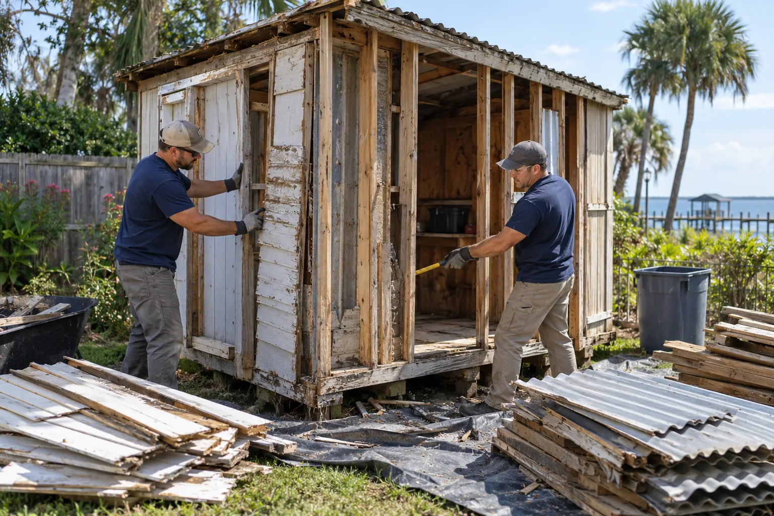 Workers hand-disassembling a small weathered shed