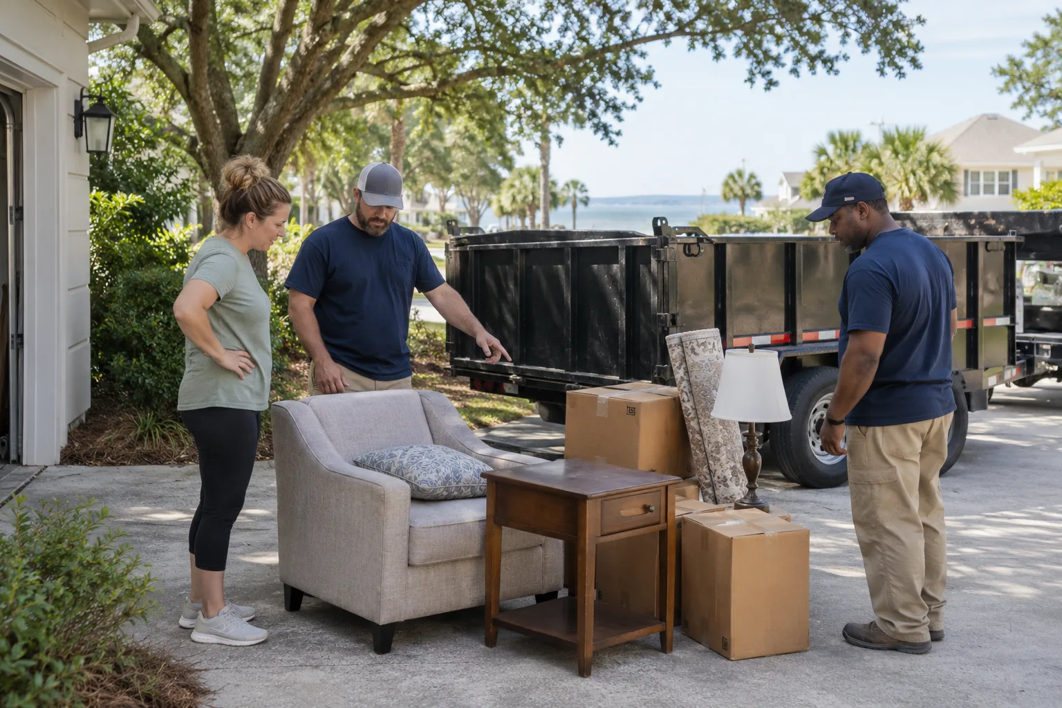Homeowner reviewing a small group of removal items with two workers