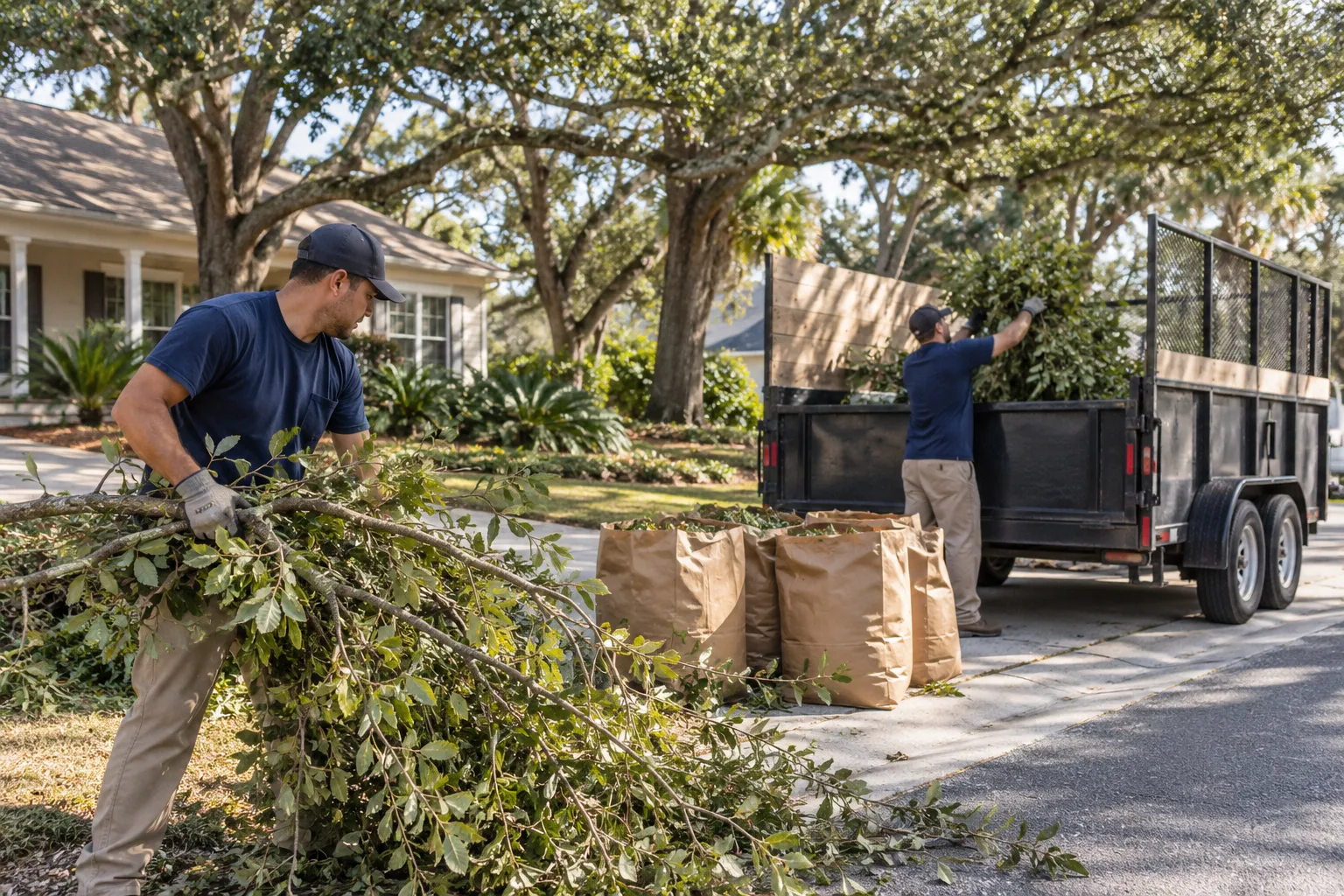 Workers loading branches and bagged leaves into a trailer